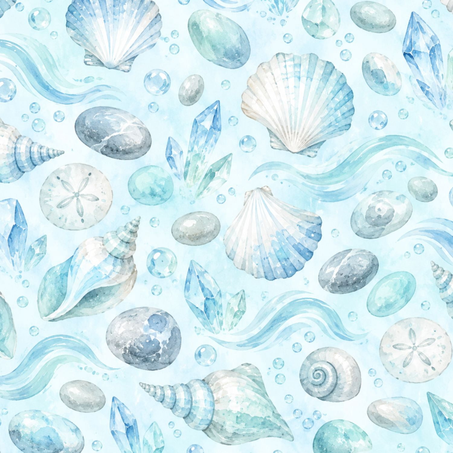 Tropical Shell Background Peel and Stick Wallpaper Seashells Crystals Beach Soft Blue Waves ...