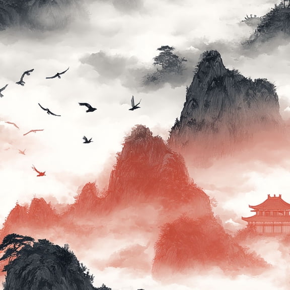 Peel and Stick Wallpaper Serene Chinese Landscape Mountains Birds Misty Clouds Wall Mural 23.6in x 9.8ft Self Adhesive Removable Wall Paper Renter Friendly Wallpaper for Nursery Bedroom Cabinets