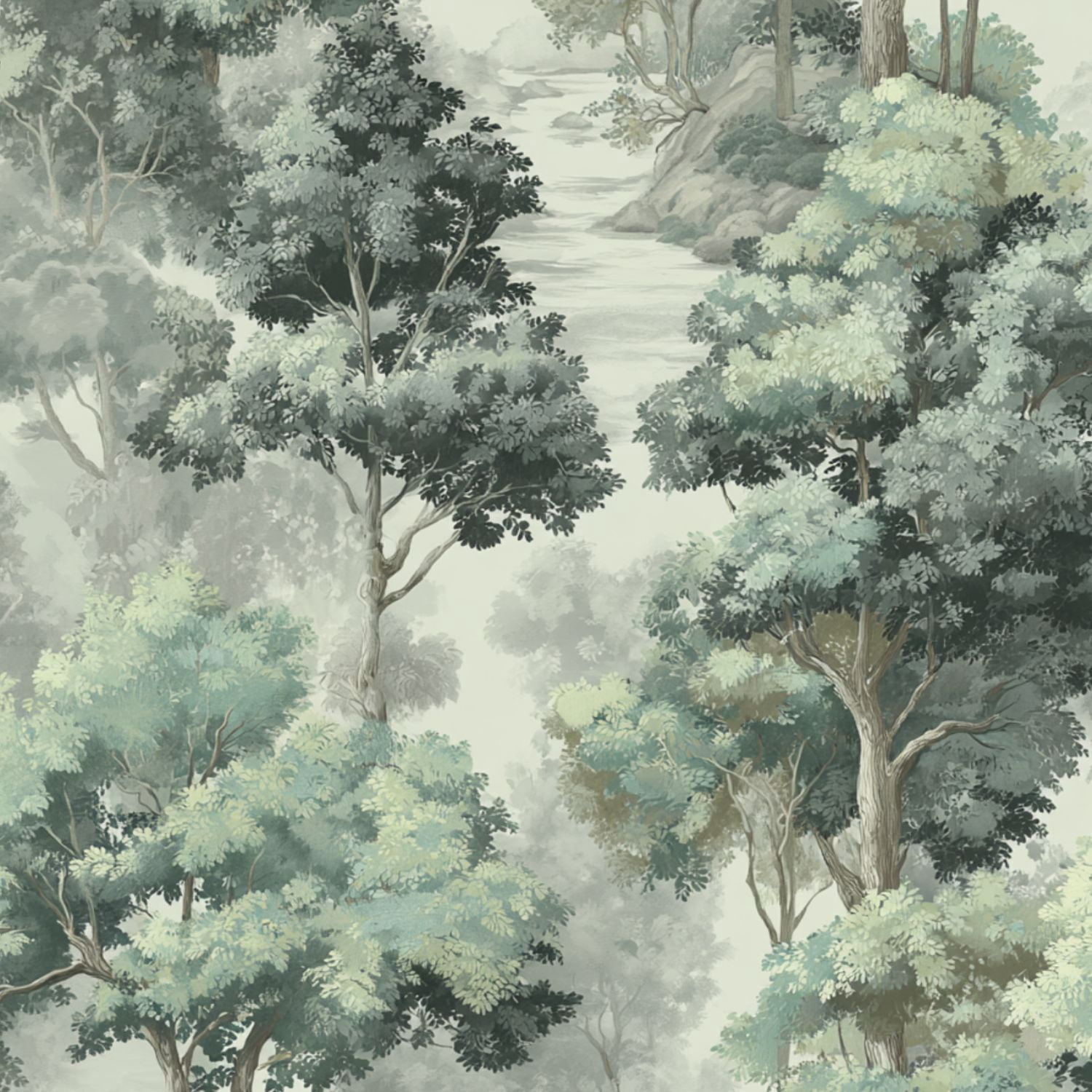 Peel and Stick Wallpaper Serene Forest Landscape Green Trees Misty Wall ...