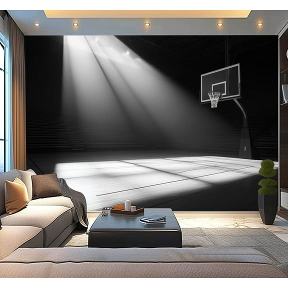 Peel and Stick Wallpaper Shadowy Spotlight Basketball Court Basketball Hoop Empty Stands Modern Art Wall Mural Decor Self Adhesive and Removable 100in x 144in