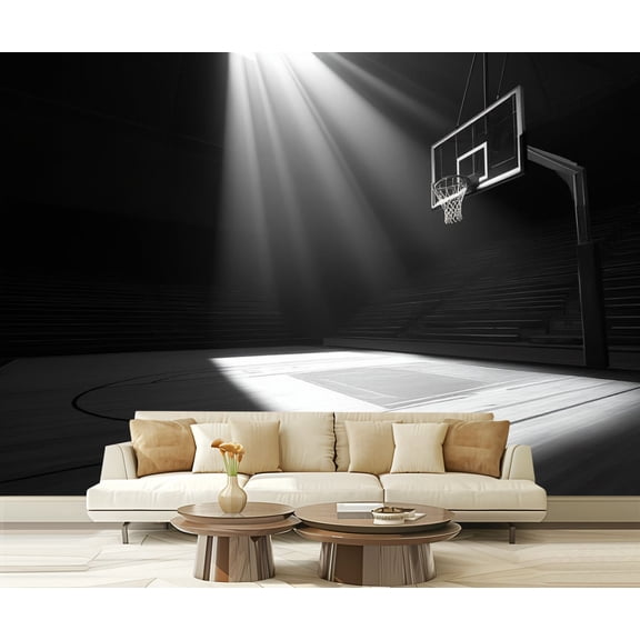 Peel and Stick Wallpaper Shadowy Spotlight Basketball Court Basketball Hoop Empty Stands Modern Art Wall Mural Decor Self Adhesive and Removable 69in x 98in