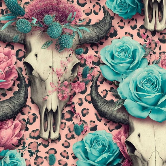 Peel and Stick Wallpaper Skull Floral Pink Blue Roses Leopard Print Wall Mural 17.7in x 9.8ft Self Adhesive Removable Wall Paper Renter Friendly Wallpaper for Nursery Bedroom Cabinets