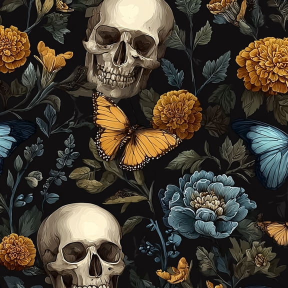 Peel and Stick Wallpaper Skulls Butterflies Floral Dark Gothic Style Wall Mural 23.6in x 9.8ft Self Adhesive Removable Wall Paper Renter Friendly Wallpaper for Nursery Bedroom Cabinets