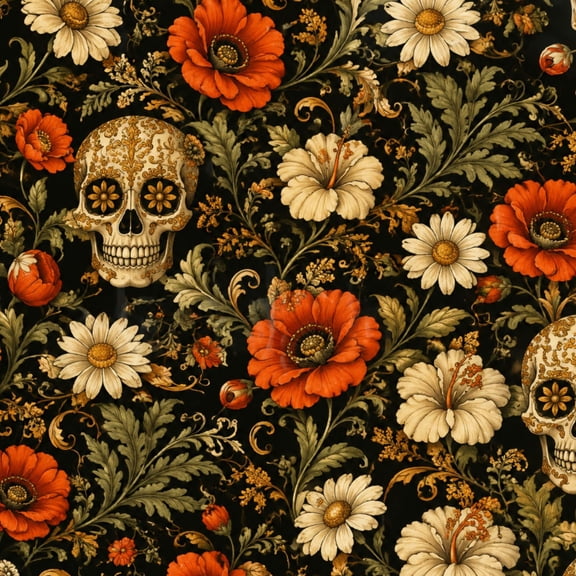 Peel and Stick Wallpaper Skulls Floral Antlers gothic Orange Vintage Botanical Ornament Dark Wall Mural 17.7in x 9.8ft Self Adhesive Removable Wall Paper for Dorm Bedroom Cabinets
