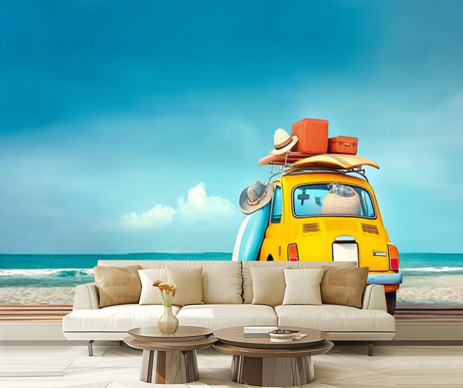 Peel and Stick Wallpaper Small retro car baggage luggage beach equipment roof fully packed Modern Art Wall Mural Decor Self Adhesive and Removable 69in x 98in
