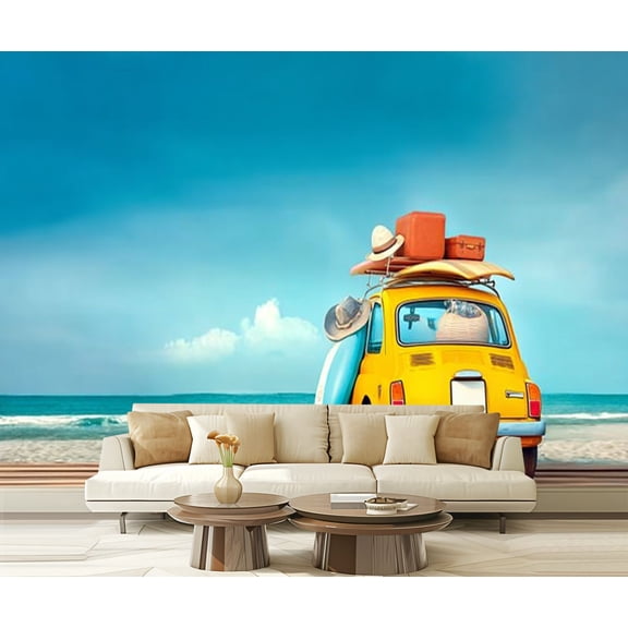 Peel and Stick Wallpaper Small retro car baggage luggage beach equipment roof fully packed Modern Art Wall Mural Decor Self Adhesive and Removable 69in x 98in