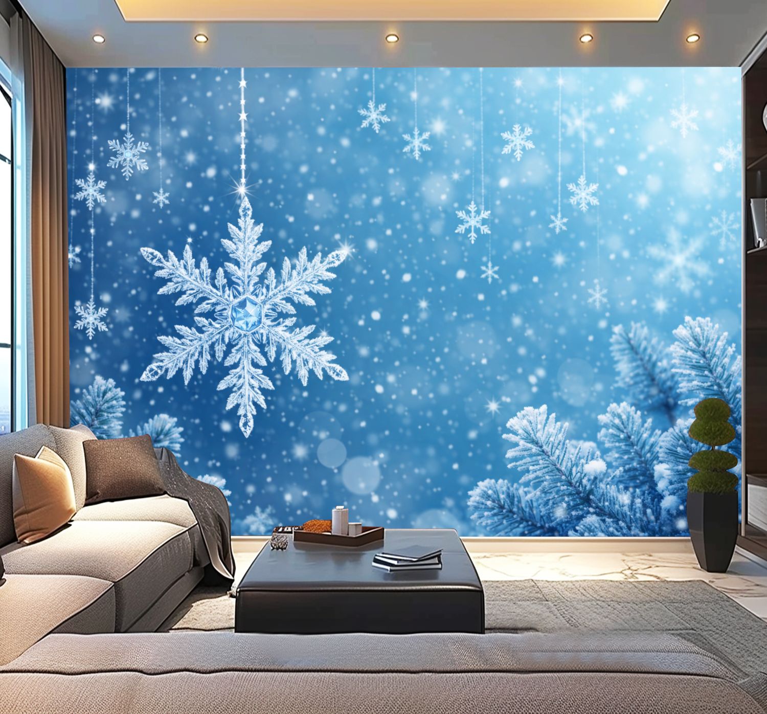 Peel and Stick Wallpaper Snowflake Winter Blue Frosted Branches Soft ...