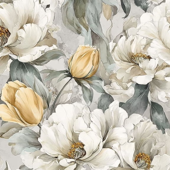 Peel and Stick Wallpaper Soft Floral White Peonies Yellow Tulips Grey 17.7in x 118in Contact Paper Removable Self Adhesive Wall Mural Wall Decor for Bedroom Kitchen Cabinets