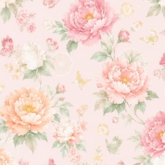 Peel and Stick Wallpaper Soft Pink Peonies Butterflies Delicate Lace Border Wall Mural 17.7in x 9.8ft Self Adhesive Removable Wall Paper Renter Friendly Wallpaper for Nursery Bedroom Cabinets
