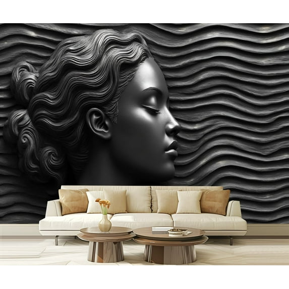 Peel and Stick Wallpaper Stereo Woman Statue Black 3D Nordic Modern Art Wavy Lines Ear Modern Art Wall Mural Decor Self Adhesive and Removable 69in x 98in