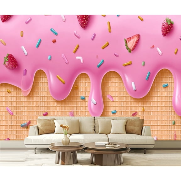 Peel and Stick Wallpaper Strawberry Ice Cream Colorful Sprinkles Waffle Cone Sweet Modern Art Wall Mural Decor Self Adhesive and Removable 69in x 98in