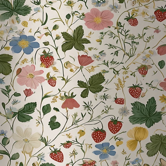 Peel and Stick Wallpaper Strawberry Wildflower Botanical Green Leaves Pink Blue Wall Mural 17.7in x 9.8ft Self Adhesive Removable Wall Paper Renter Friendly Wallpaper for Nursery Bedroom Cabinets