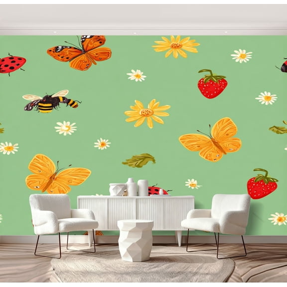 Peel and Stick Wallpaper Summer cute butterflies ladybugs bees flowers strawberries green 69"x96" Contact Paper Removable Self Adhesive Wall Mural Wall Decor for Bedroom Kitchen Cabinets