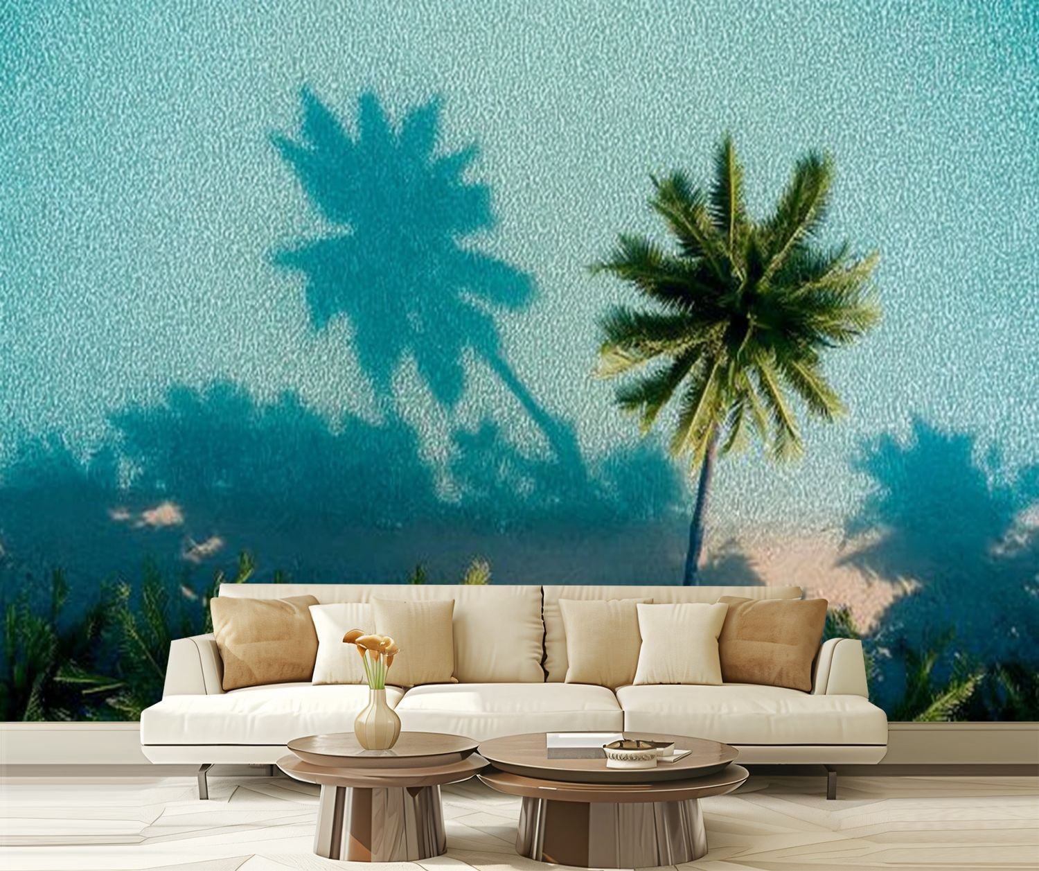 Peel and Stick Wallpaper Summer palm tree Tropical beach waves coconut palm shadow blue Modern Art Wall Mural Decor Self Adhesive and Removable 69in x 98in