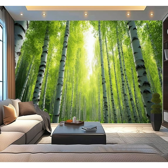 Peel and Stick Wallpaper Sunlit Birch Forest Birch Trees Green Leaves Forest Scene Sunlight Modern Art Wall Mural Decor Self Adhesive and Removable 100in x 144in