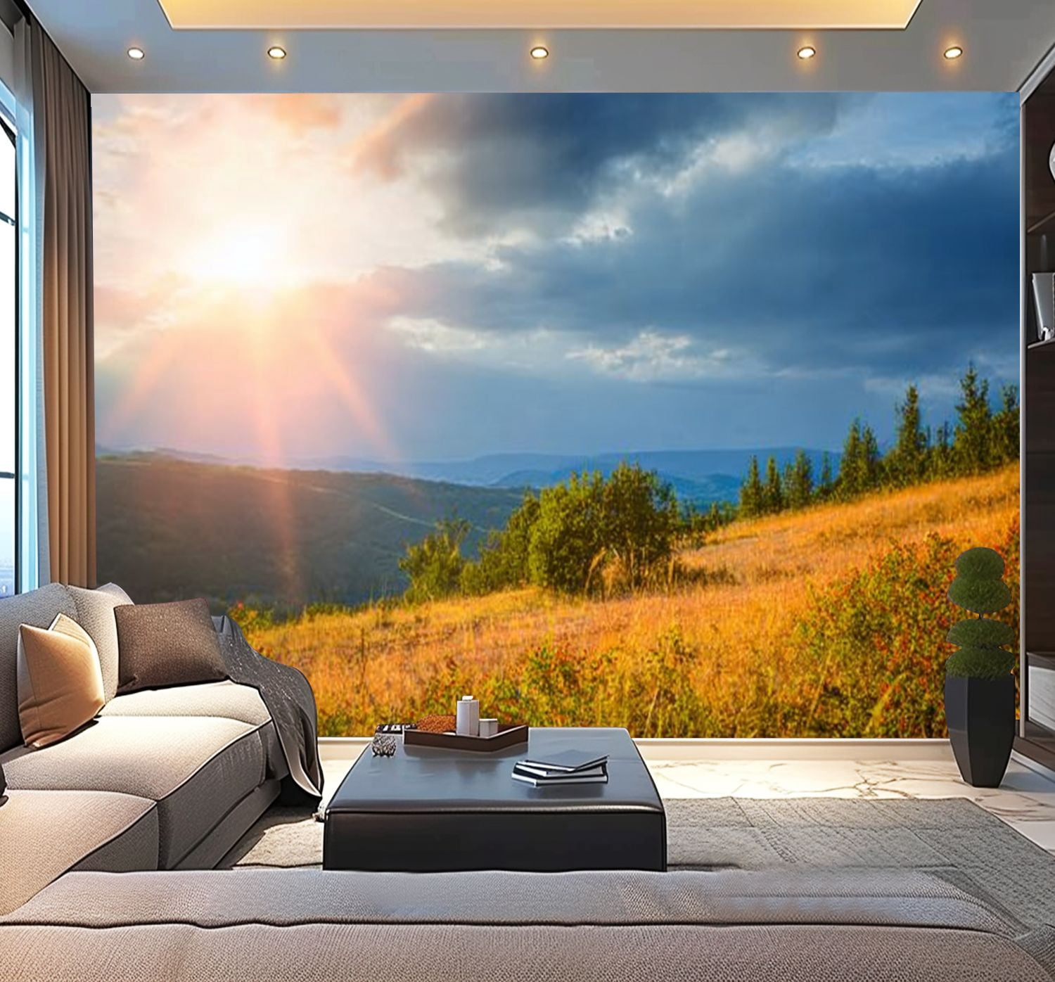 Peel and Stick Wallpaper Sunrise Carpathian mountains grassy meadows forested hill Wide photo Modern Art Wall Mural Decor Self Adhesive and Removable 100in x 144in
