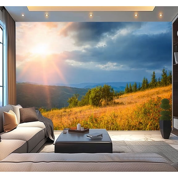 Peel and Stick Wallpaper Sunrise Carpathian mountains grassy meadows forested hill Wide photo Modern Art Wall Mural Decor Self Adhesive and Removable 100in x 144in