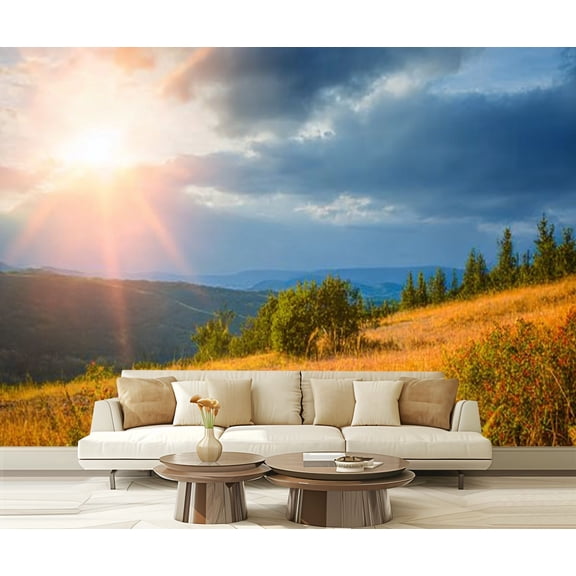 Peel and Stick Wallpaper Sunrise Carpathian mountains grassy meadows forested hill Wide photo Modern Art Wall Mural Decor Self Adhesive and Removable 69in x 98in