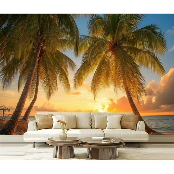 Peel and Stick Wallpaper Sunset Sea Palms White Beach Caribbean Island Barbados Palm Trees Sky Modern Art Wall Mural Decor Self Adhesive and Removable 69in x 98in