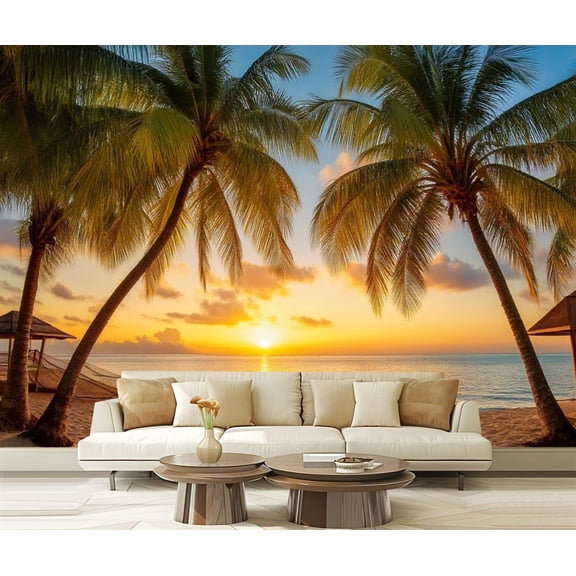 Peel and Stick Wallpaper Sunset Sea Palms White Beach Caribbean Island Barbados Palm Trees Sky Modern Art Wall Mural Decor Self Adhesive and Removable 69in x 98in