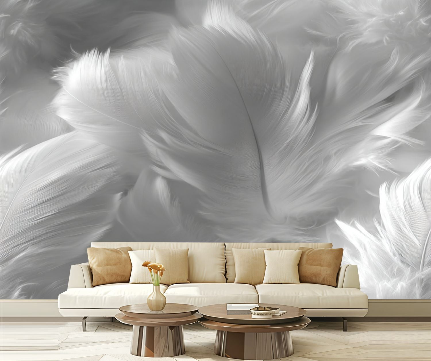 Peel and Stick Wallpaper Sussurro Grey Floating Feathers Light Gray Delicate Feather Texture Modern Art Wall Mural Decor Self Adhesive and Removable 69in x 98in