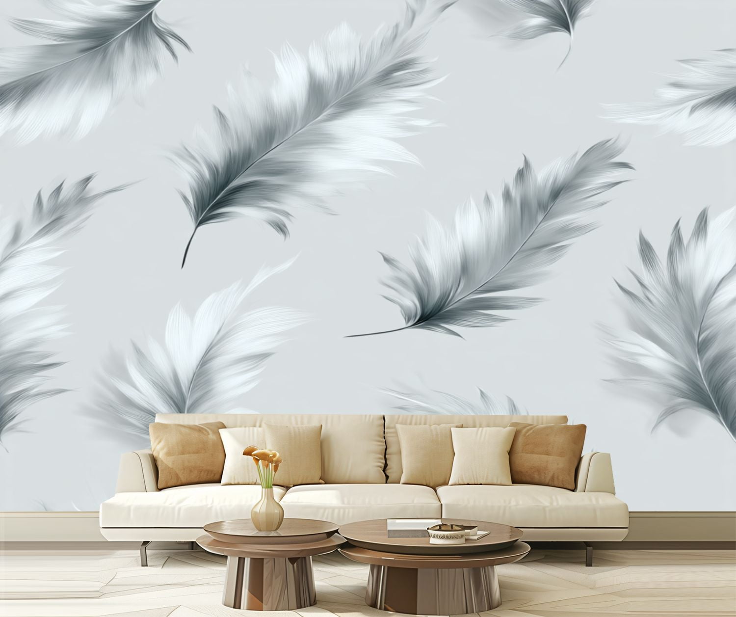 Peel and Stick Wallpaper Sussurro Grey Floating Feathers Light Gray Delicate Feather Texture Modern Art Wall Mural Decor Self Adhesive and Removable 69in x 98in