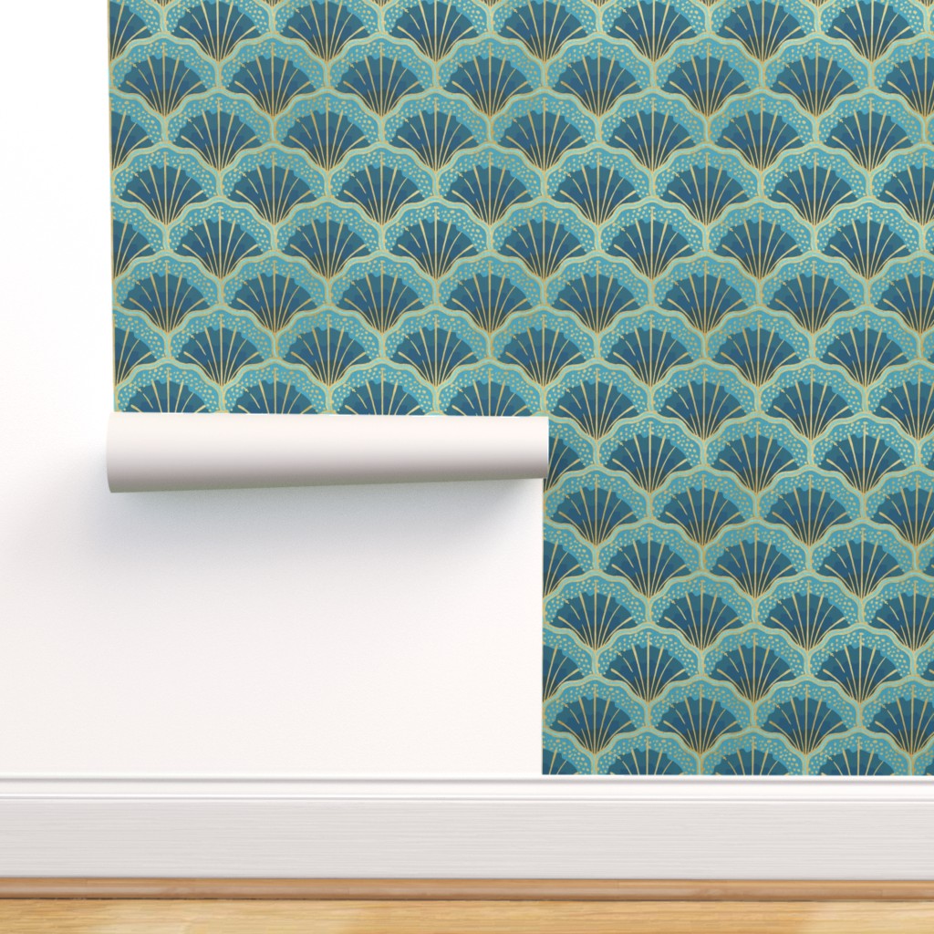 Peel & Stick Wallpaper Swatch Art Deco Seashell Blue Illustration Sea