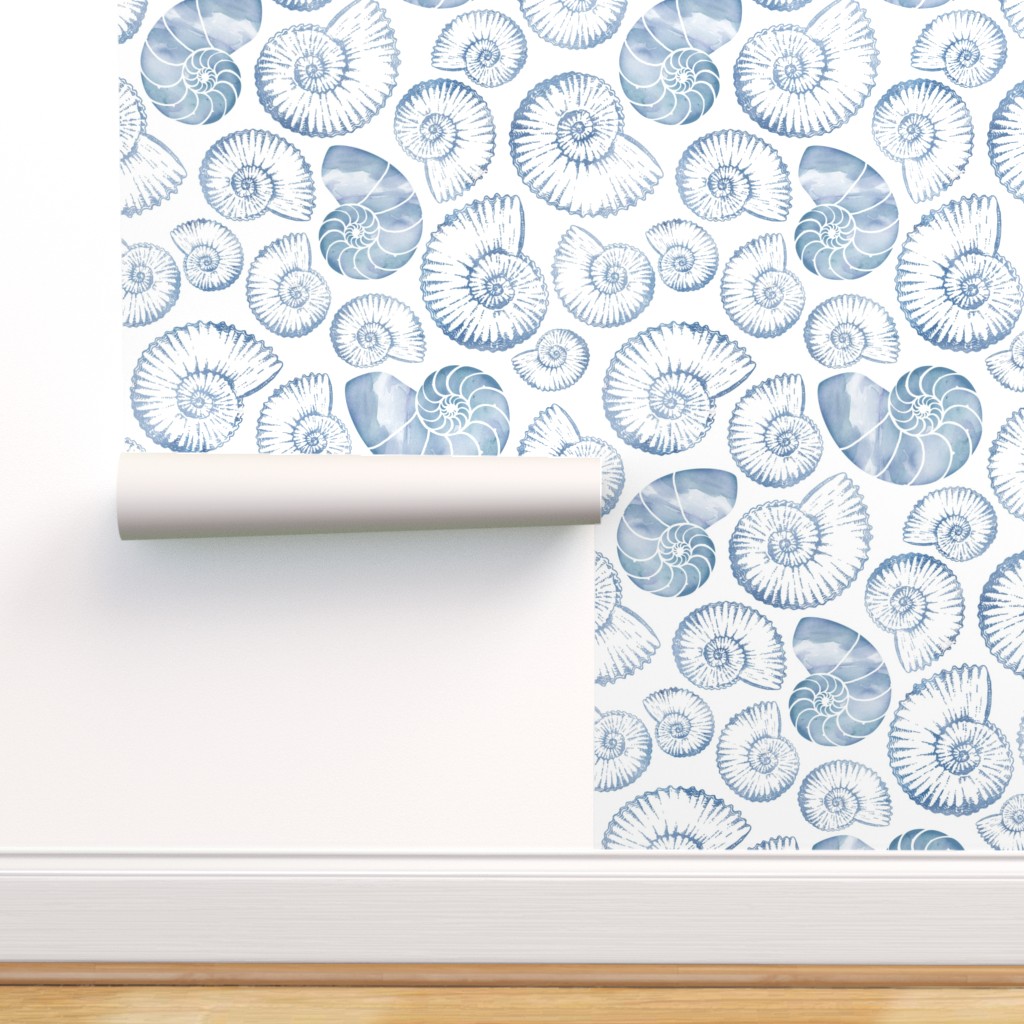 Peel & Stick Wallpaper Swatch Blue Nautilus Shells Pastel Nautical