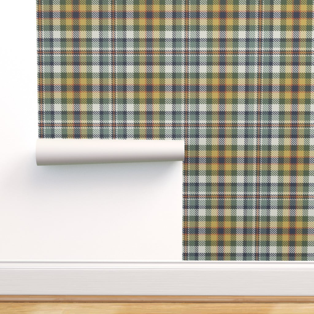 Peel & Stick Wallpaper Swatch Buff Green Navy Plaid Tartan Blue Custom Removable Wallpaper by