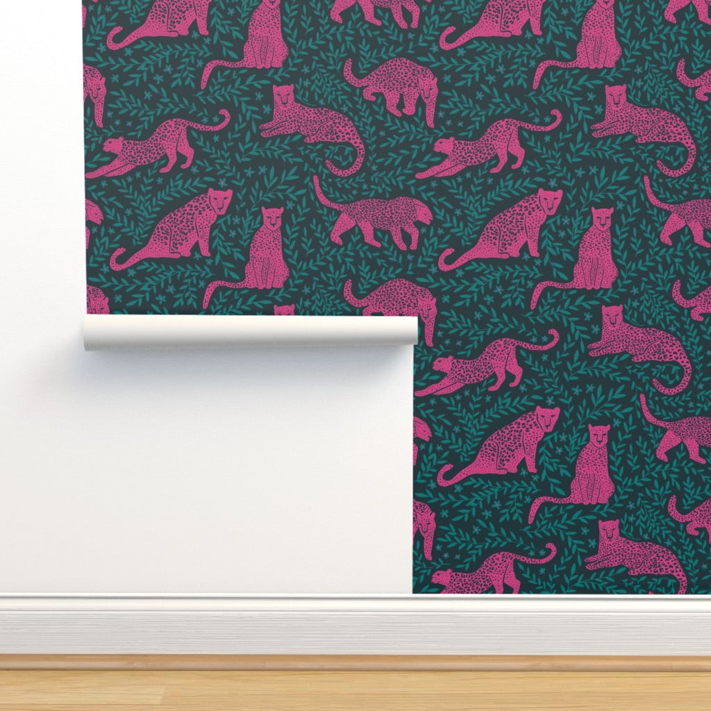 Peel & Stick Wallpaper Swatch - Jungle Cat Dark Teal Pink Leopard