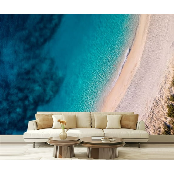 Peel and Stick Wallpaper Top down aerial view white sandy beach shores beautiful turquoise sea Modern Art Wall Mural Decor Self Adhesive and Removable 69in x 98in
