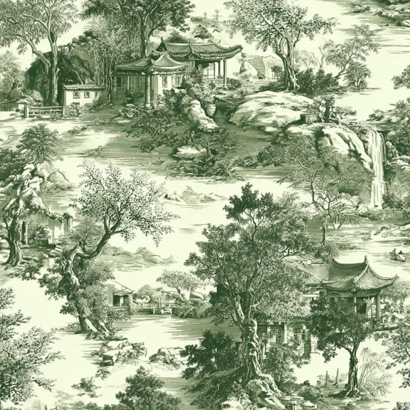 Peel and Stick Wallpaper Traditional Chinese Landscape Pagodas Trees Rocks Wall Mural 23.6in x 9.8ft Self Adhesive Removable Wall Paper Renter Friendly Wallpaper for Nursery Bedroom Cabinets