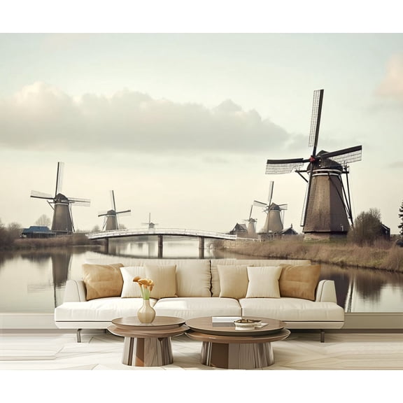 Peel and Stick Wallpaper Traditional Vintage Holland Landscape Windmills Kinderdijk Traditional Modern Art Wall Mural Decor Self Adhesive and Removable 69in x 98in