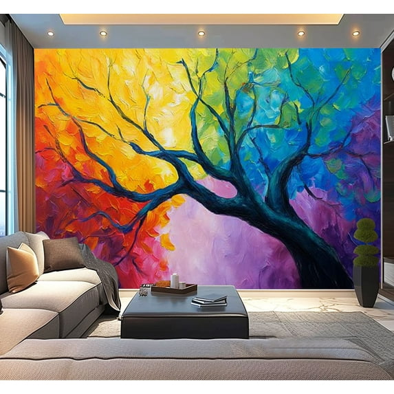 Peel and Stick Wallpaper Tree Art Colorful Rainbow Leaves Branching Structure Vivid Gradient Modern Art Wall Mural Decor Self Adhesive and Removable 100in x 144in