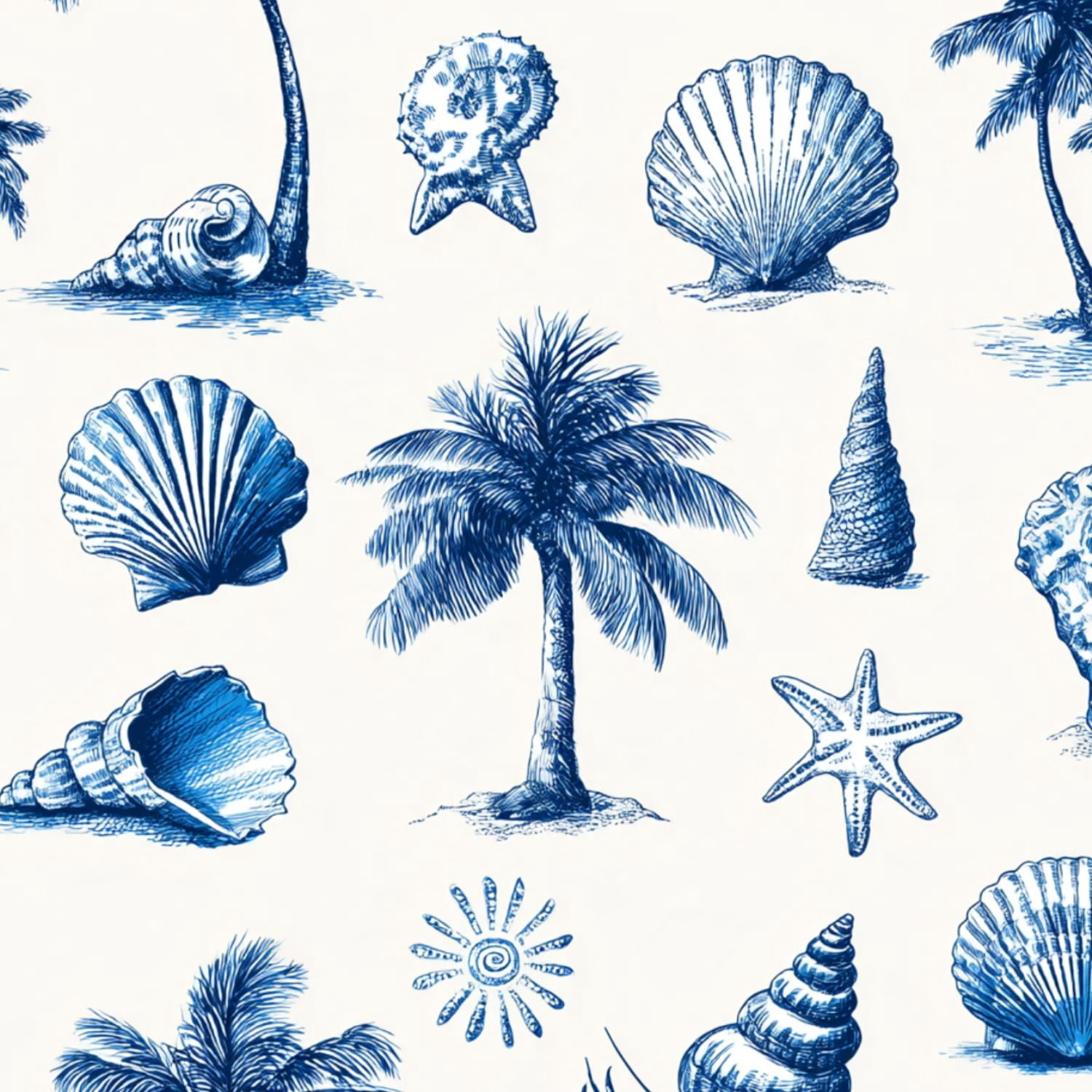 Tropical Shell Background Peel and Stick Wallpaper Tropical Coastal Blue Palm Tree Seashells ...
