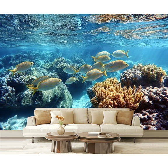 Peel and Stick Wallpaper Tropical Fish Coral Reef Marine Life Ocean Yellow Fish Realistic Modern Art Wall Mural Decor Self Adhesive and Removable 69in x 98in
