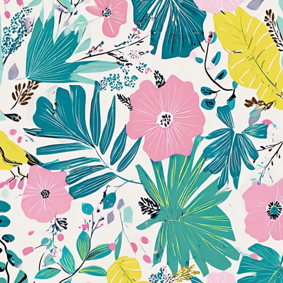 Peel and Stick Wallpaper Tropical Floral Pink Flowers Green Leaves Yellow Wall Mural 17.7in x 9.8ft Self Adhesive Removable Wall Paper Renter Friendly Wallpaper for Nursery Bedroom Cabinets