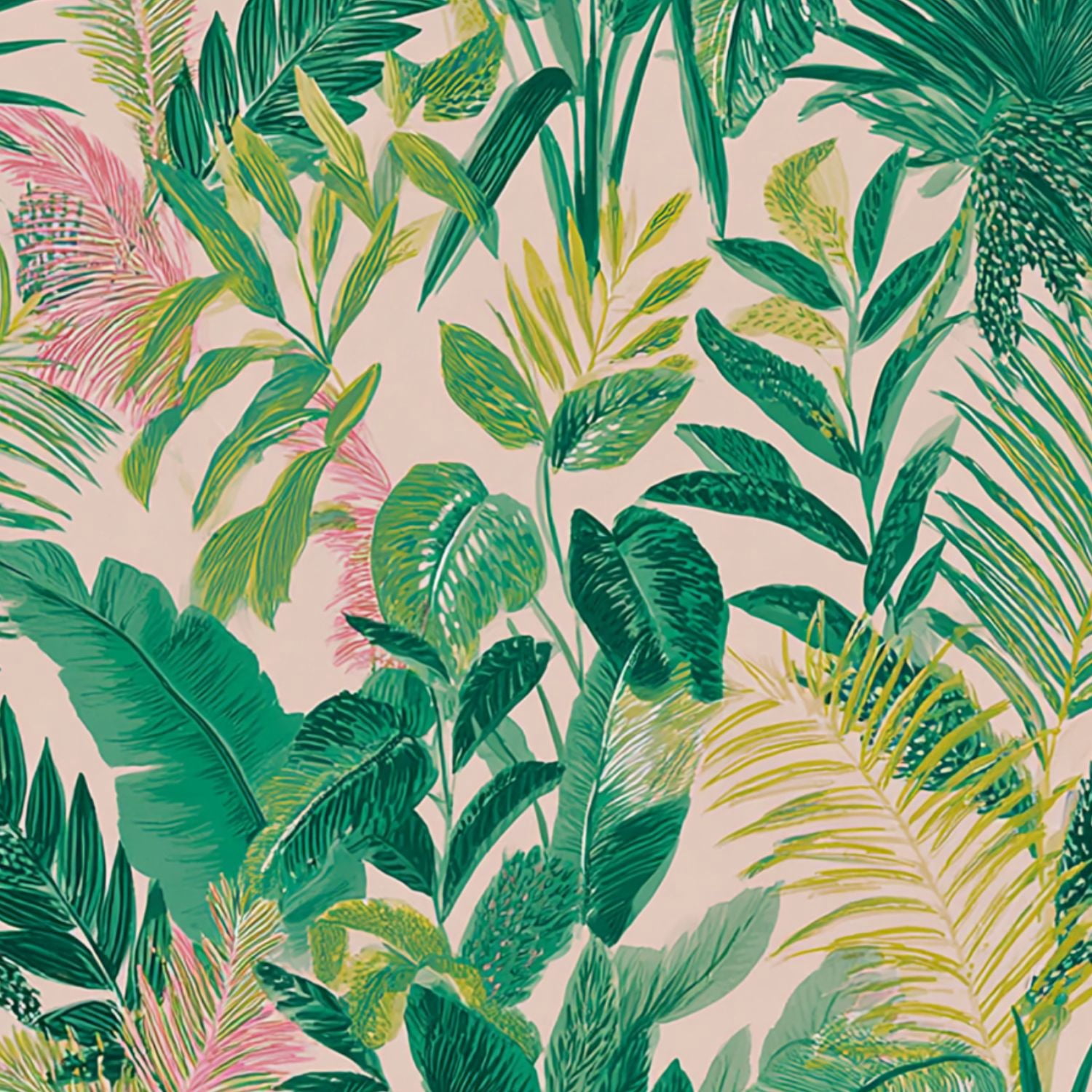 Peel and Stick Wallpaper Tropical Green Jungle Leaf Pink Yellow Highlights Wall Mural 23.6in x 9.8ft Self Adhesive Removable Wall Paper Renter Friendly Wallpaper for Nursery Bedroom Cabinets