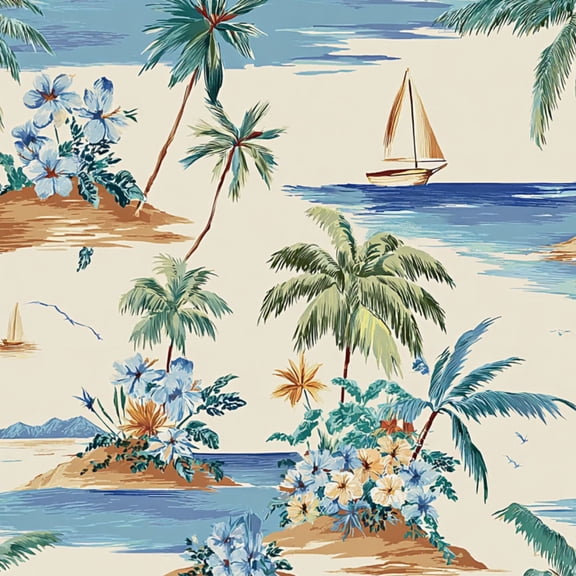 Peel and Stick Wallpaper Tropical Island Palm Trees Sailboats Hibiscus Flowers Wall Mural 17.7in x 9.8ft Self Adhesive Removable Wall Paper Renter Friendly Wallpaper for Nursery Bedroom Cabinets