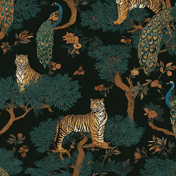 Peel and Stick Wallpaper Tropical Jungle Tigers Peacocks Floral Spring Decor Wall Mural 17.7in x 9.8ft Self Adhesive Removable Wall Paper Renter Friendly Wallpaper for Nursery Bedroom Cabinets