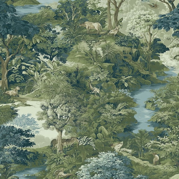 Peel and Stick Wallpaper Tropical Jungle Wildlife River Zebra Deer Birds Vintage Botanical Soft Wall Mural 17.7in x 9.8ft Self Adhesive Removable Wall Paper Renter Friendly Wallpaper for Bedroom