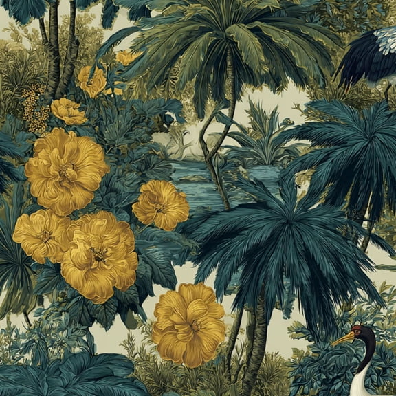 Peel and Stick Wallpaper Tropical Jungle Yellow Flowers Palm Trees Exotic Cranes Wall Mural 17.7in x 9.8ft Self Adhesive Removable Wall Paper Renter Friendly Wallpaper for Nursery Bedroom Cabinets