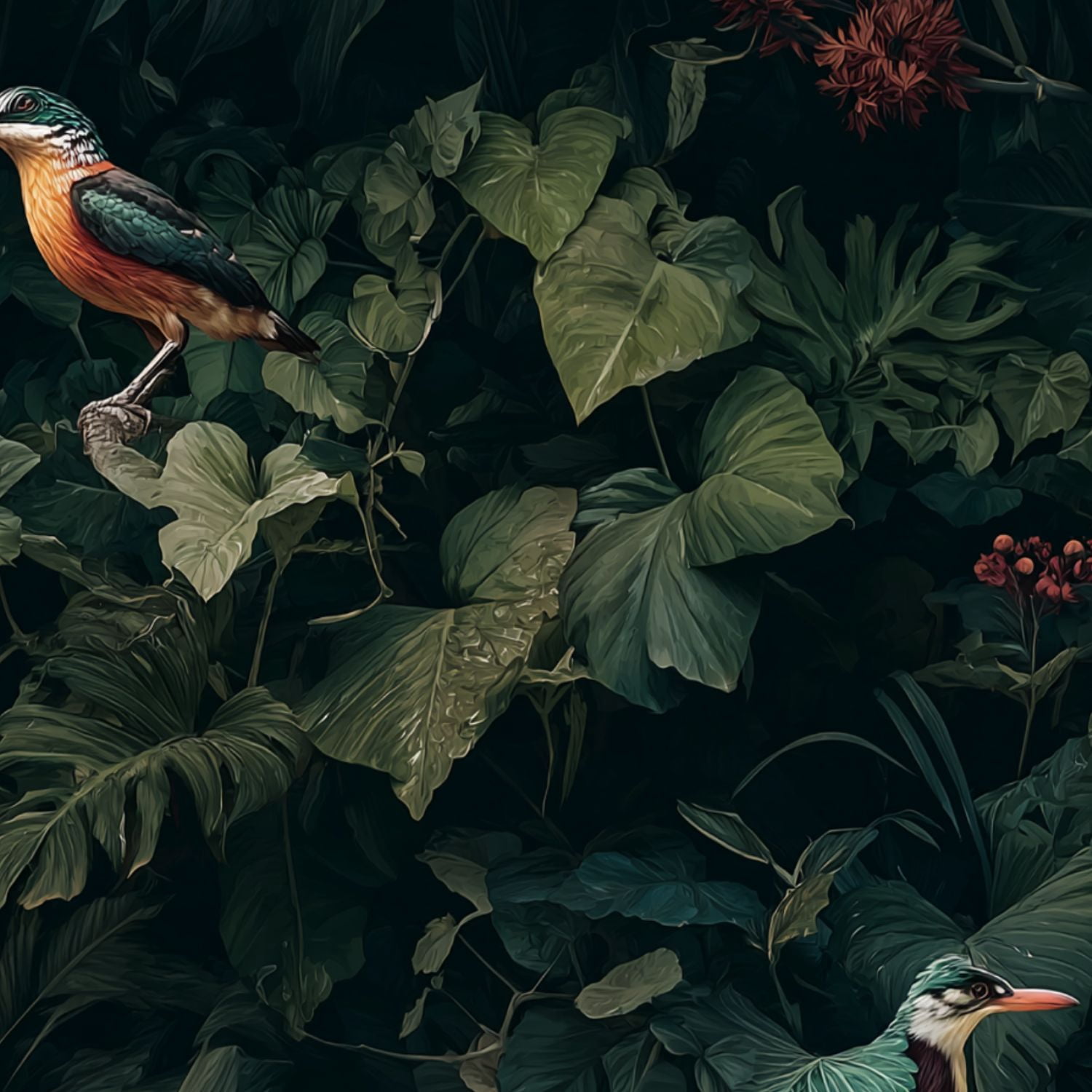 Peel and Stick Wallpaper Tropical Kingfishers amidst Greenery Vibrant Red Flowers Wall Mural 23.6in x 9.8ft Self Adhesive Removable Wall Paper Renter Friendly Wallpaper for Nursery Bedroom
