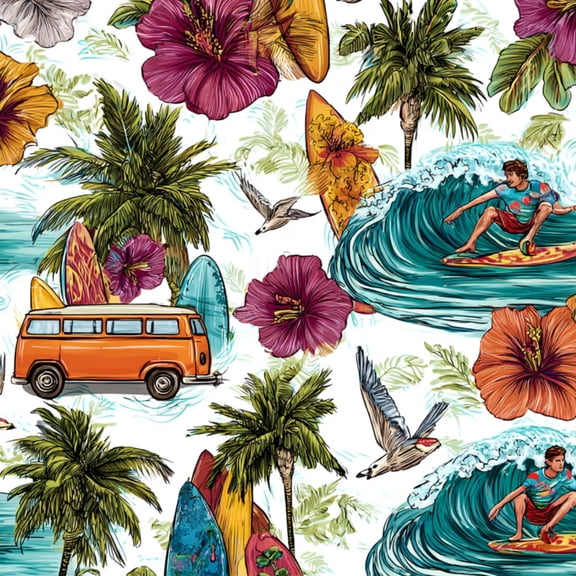 Peel and Stick Wallpaper Tropical Surfing Palm Trees Surfboards Hibiscus Flowers Orange Van 24in x 118in Contact Paper Removable Self Adhesive Wall Mural Wall Decor for Bedroom Kitchen Cabinets