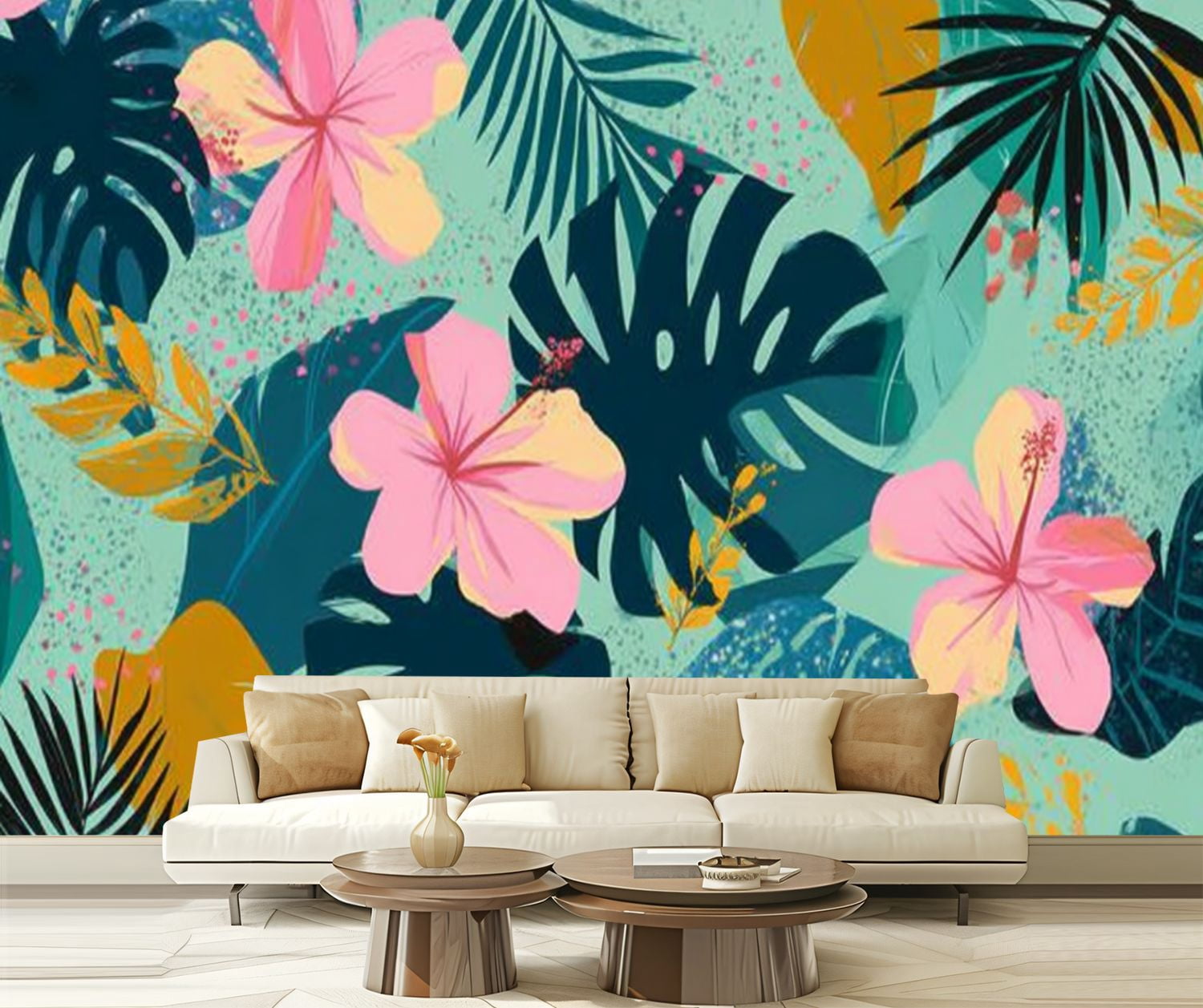 Peel and Stick Wallpaper Tropical flowers Mid Century Modern Art Future Abstract artistic palm Modern Art Wall Mural Decor Self Adhesive and Removable 69in x 98in