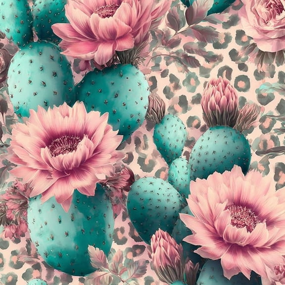 Peel and Stick Wallpaper Turquoise Cactus Pink Flower Leopard Print Wall Mural 23.6in x 9.8ft Self Adhesive Removable Wall Paper Renter Friendly Wallpaper for Nursery Bedroom Cabinets