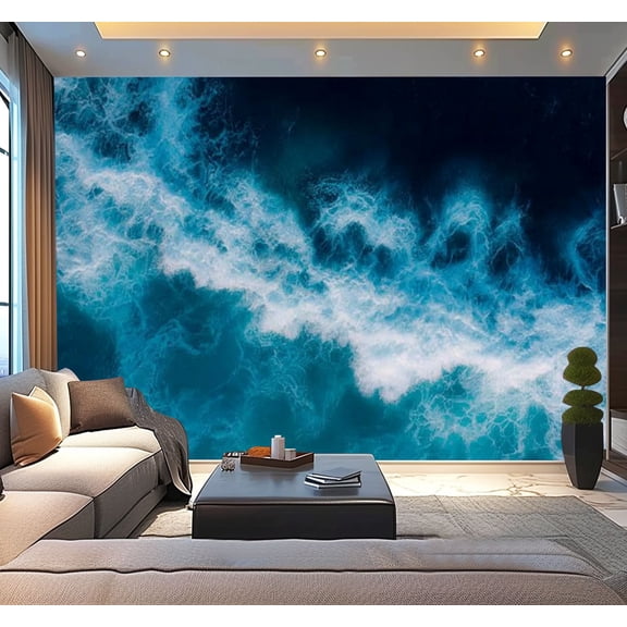 Peel and Stick Wallpaper Turquoise ocean sea water white wave splashing deep blue sea Bird eye Modern Art Wall Mural Decor Self Adhesive and Removable 100in x 144in