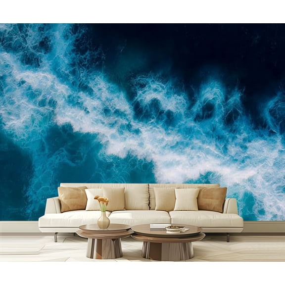 Peel and Stick Wallpaper Turquoise ocean sea water white wave splashing deep blue sea Bird eye Modern Art Wall Mural Decor Self Adhesive and Removable 69in x 98in