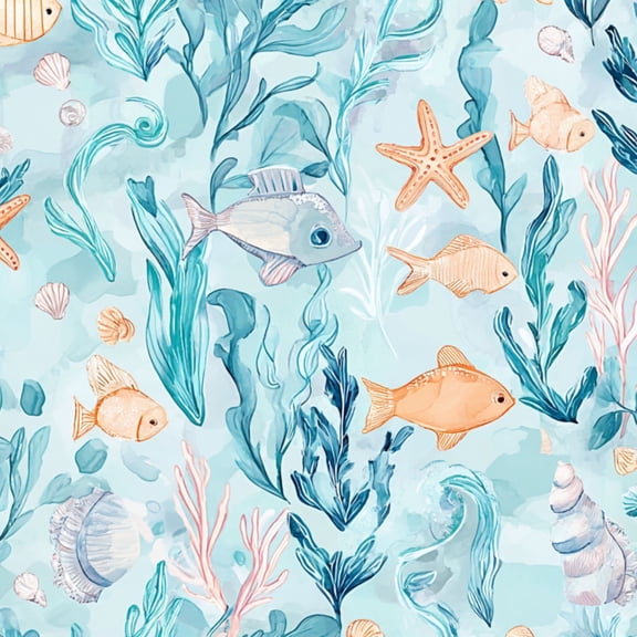 Peel and Stick Wallpaper Underwater Fish Seaweed Starfish Blue Coral Coastal Wall Mural 17.7in x 9.8ft Self Adhesive Removable Wall Paper Renter Friendly Wallpaper for Nursery Bedroom Cabinets