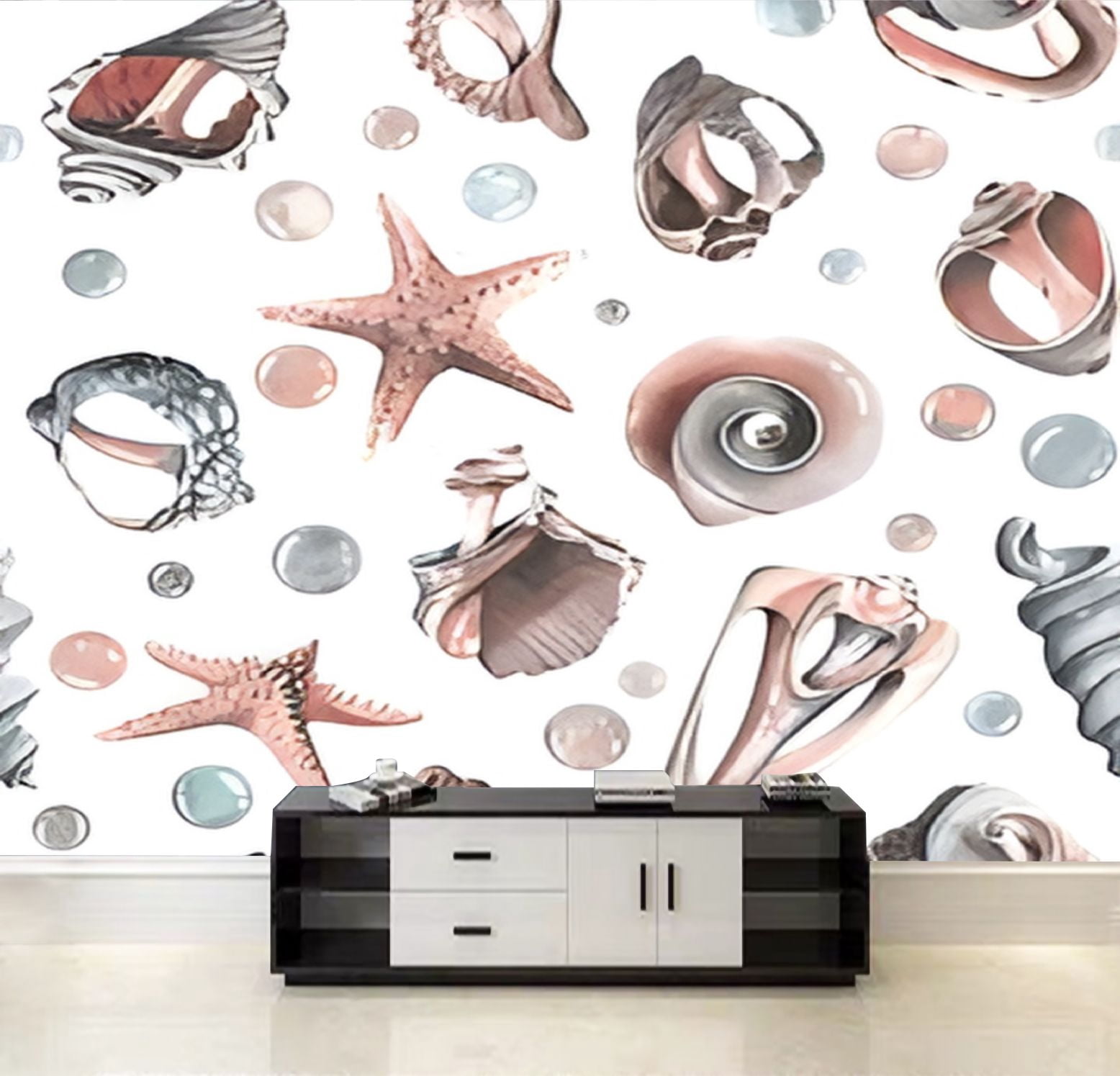 Peel and Stick Wallpaper Various broken seashells starfish bubbles ...